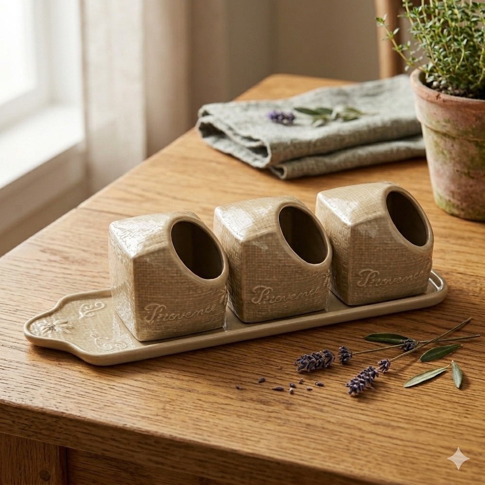 Vintage Revol France Provence Tan Ceramic Spice Cellar Jar Set & ServingTray 4pc